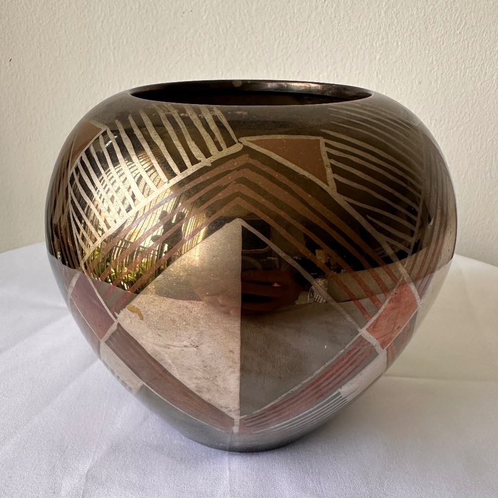Mid-Century Modern Art Deco Brass Art Ware Vase with Geometric Design